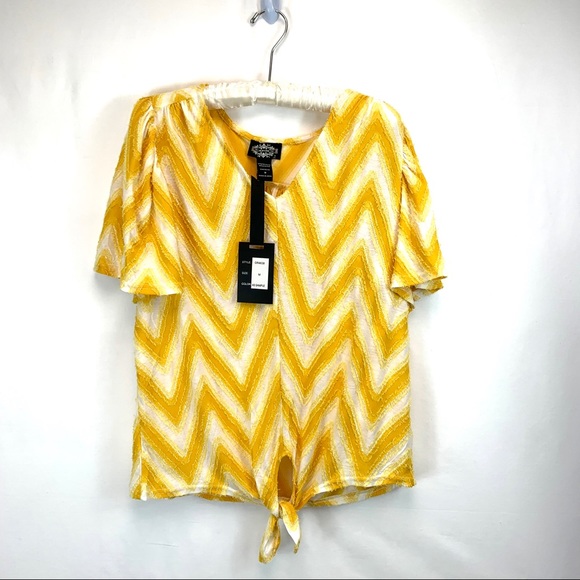 Oliver Tops - NWT Oliver Yellow Chevron Blouse Bell Sleeve Top Womens Shirt Medium Knot Shirt